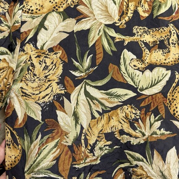 Vintage 100% Silk Top Medium 90s Tiger Cheetah Novelty Hawaiian Button Shirt - Picture 6 of 7
